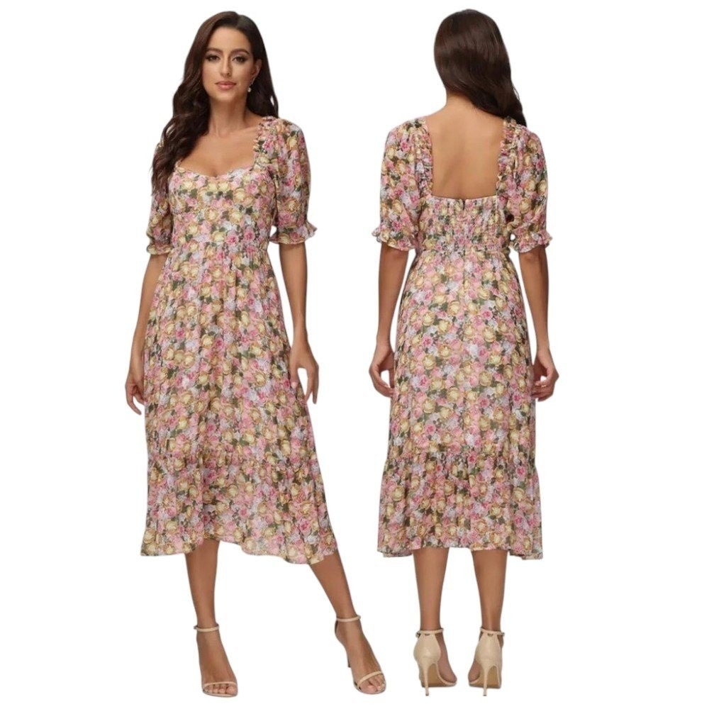 89th + Madison Pink Yellow Floral Puff Sleeve Midi Dress XL Cottagecore Regency